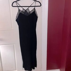 Black velvet midi dress with lace detail